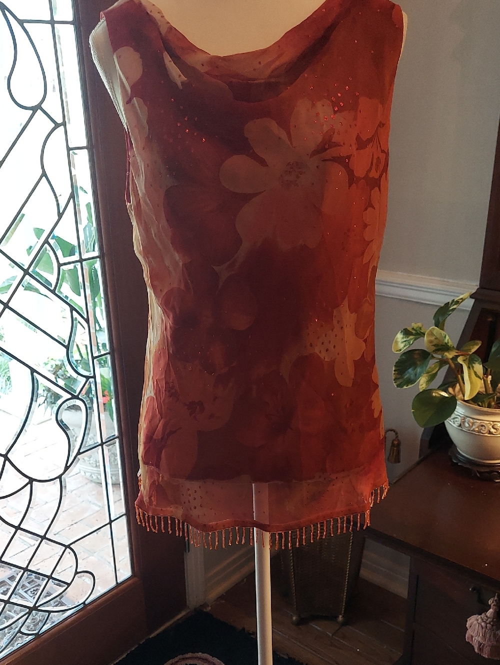 Beaded Floral Sheer Sleeveless Top - Rust/Coral